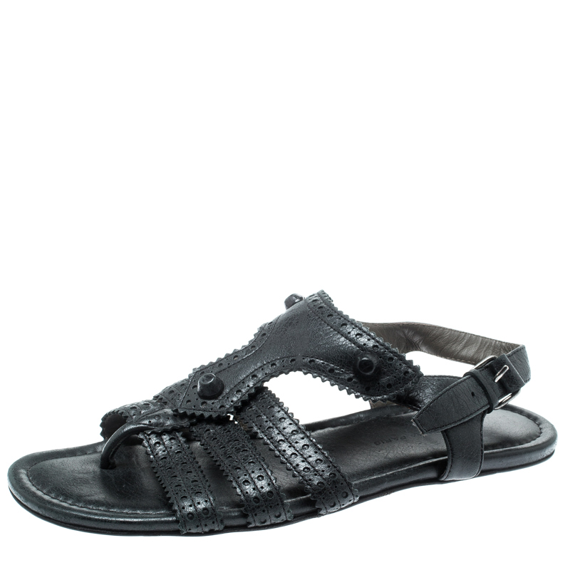 Image of Balenciaga Black Leather Arena T-Strap Flat Sandals Size