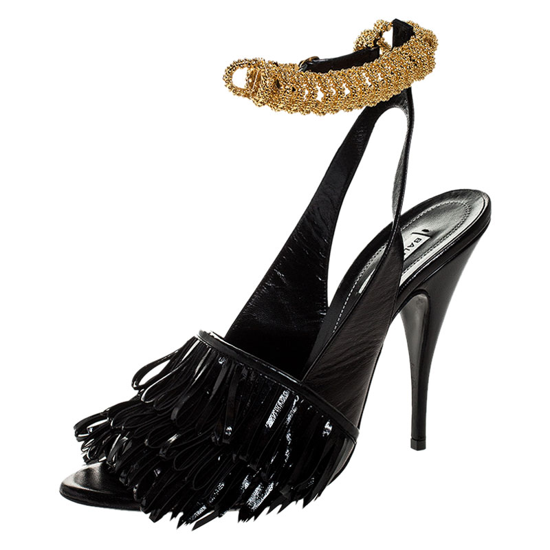 Image of Balenciaga Black Fringe Leather Chain Ankle Strap Sandals Size