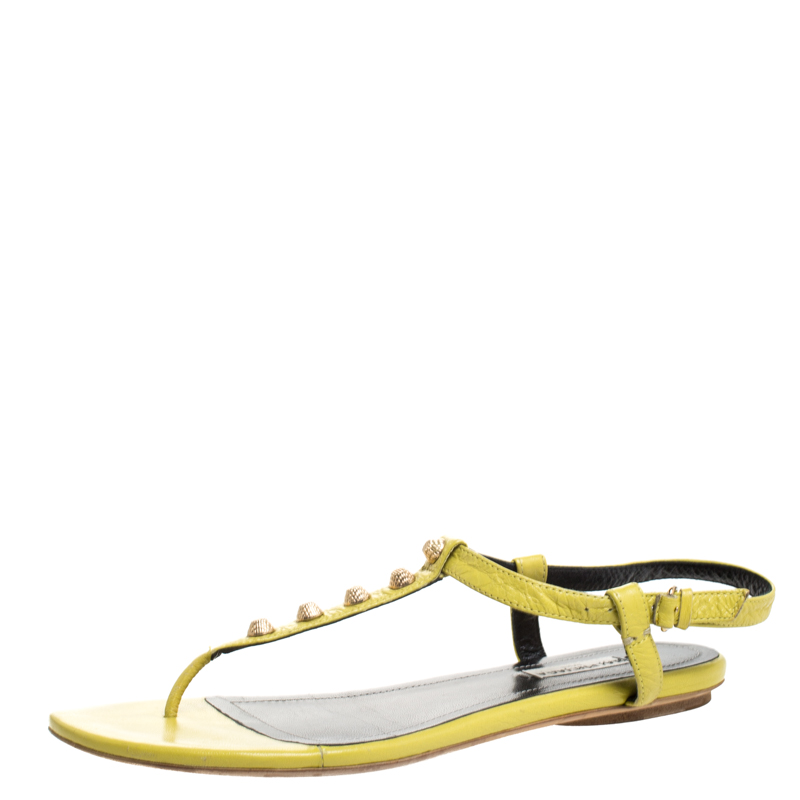 Image of Balenciaga Lime Leather Giant Gold T Strap Flat Sandals Size .