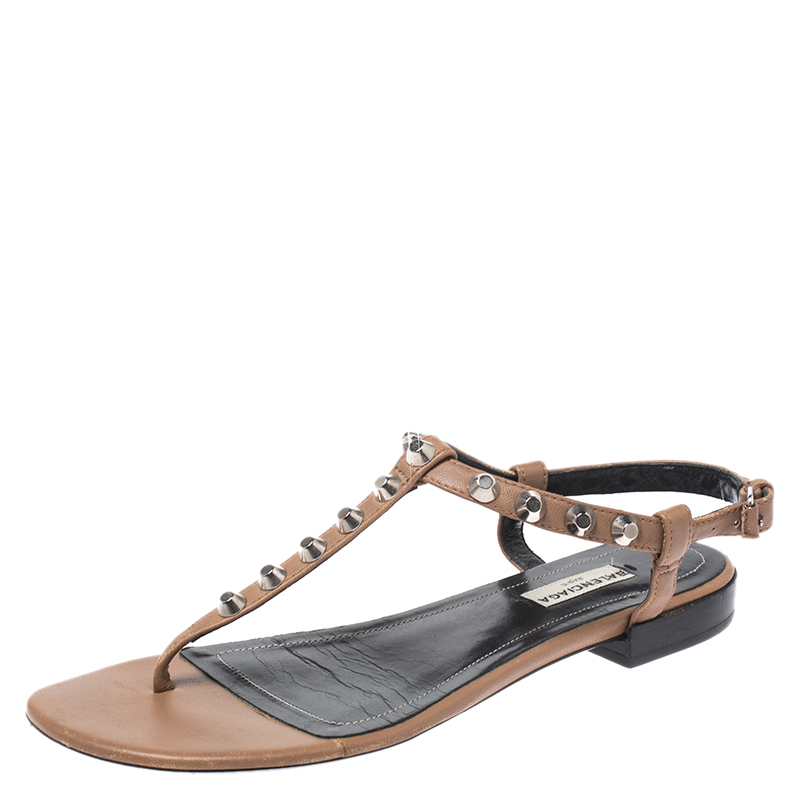 Image of Balenciaga Tan/Black Leather Studded T Strap Flat Sandals Size .
