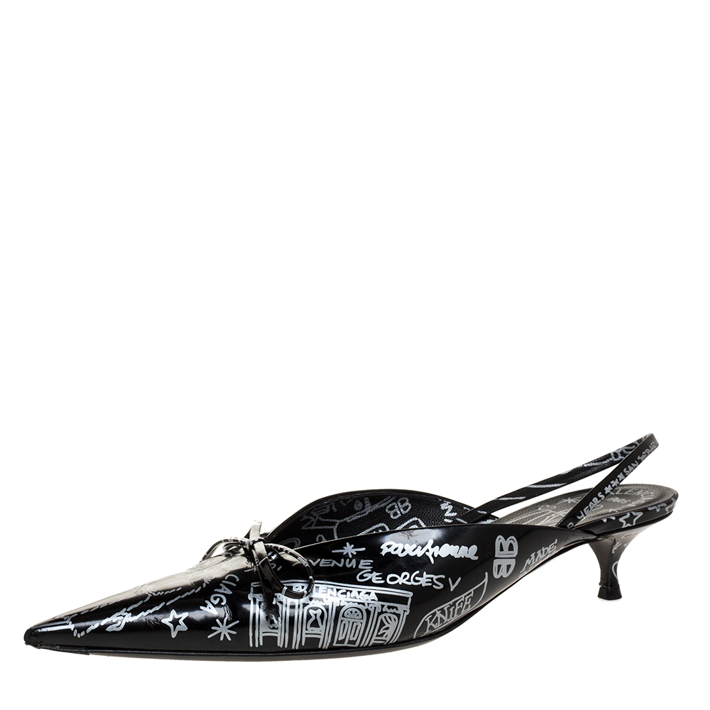 Image of Balenciaga Black Leather Bow Printed Slingback Sandals Size