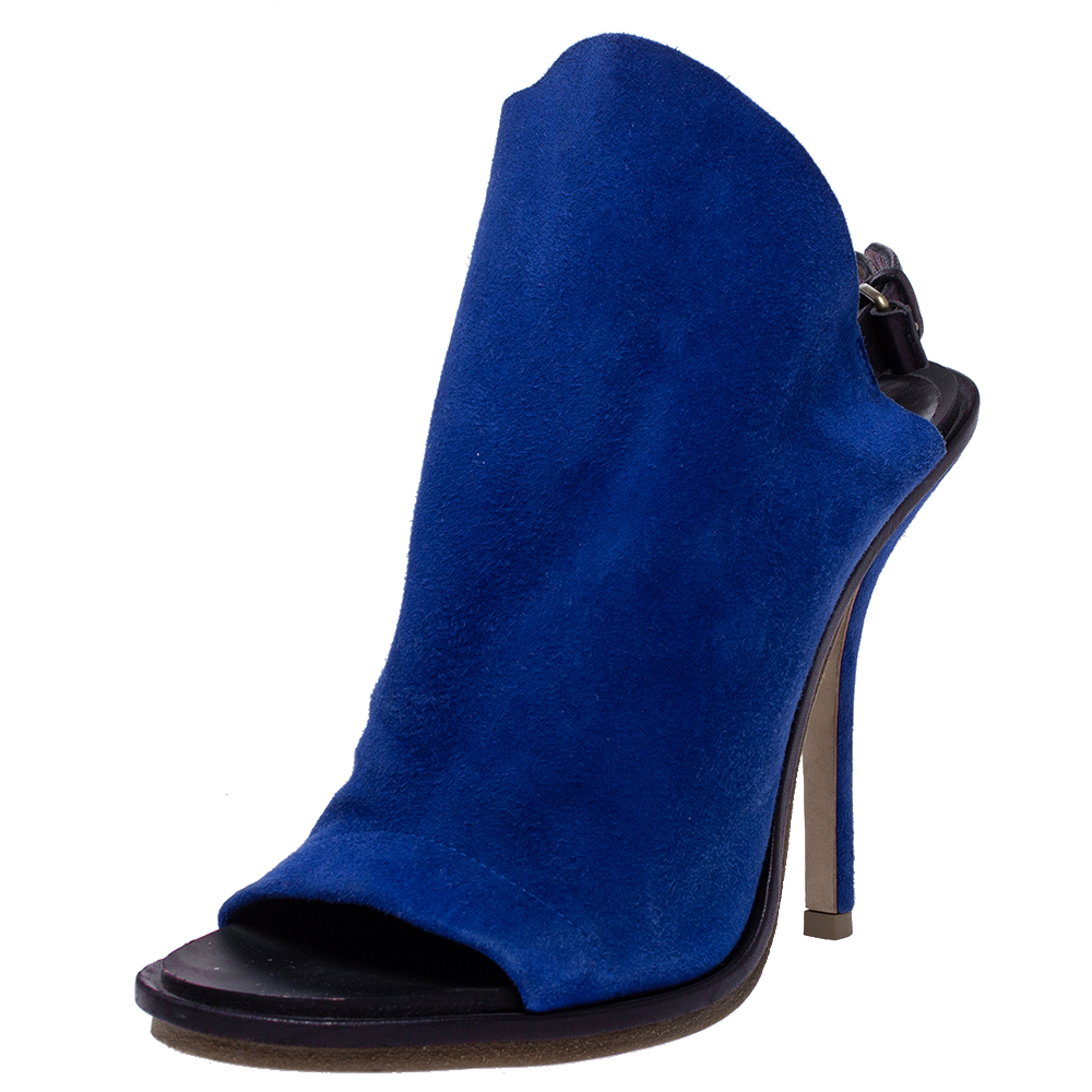 Image of Balenciaga Blue Suede And Black Leather Glove Open Toe Slingback Sandals Size .