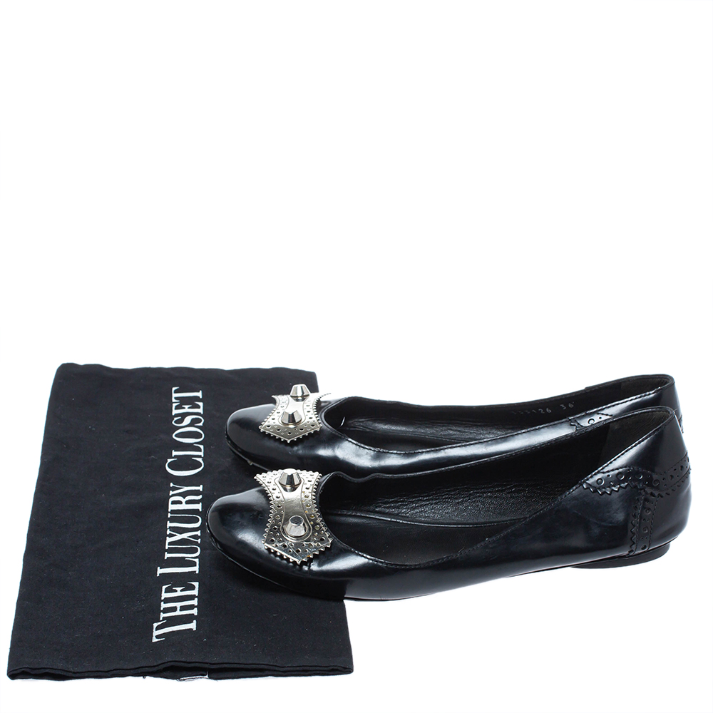Balenciaga Black Brogue Glossy Leather Metal Arena Ballet Flats Size 36