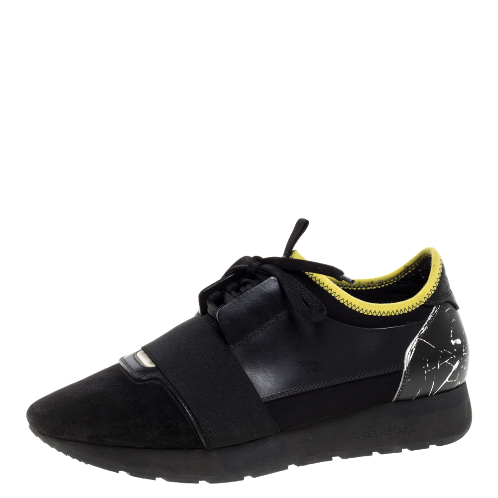 Image of Balenciaga Black Leather And Suede Race Runner Low Top Sneakers Size