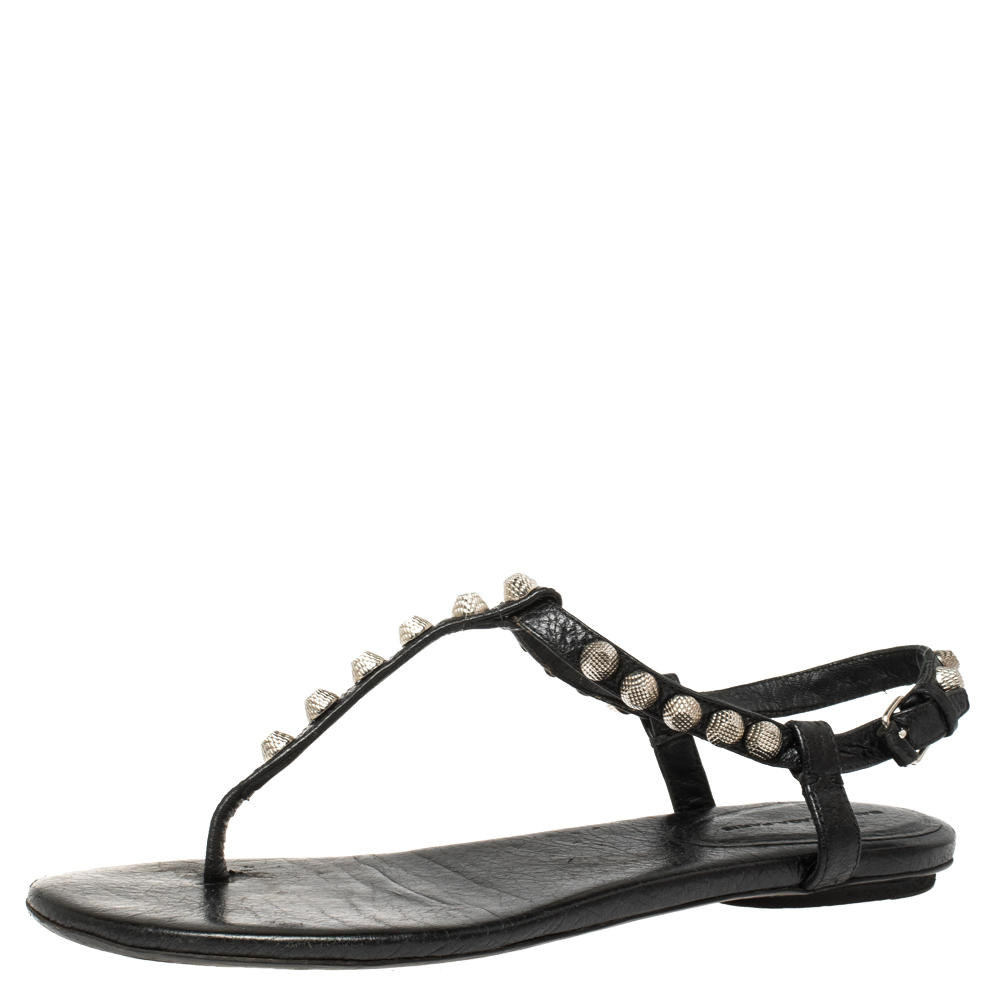 Image of Balenciaga Black Leather Studded Arena Thong Flats Size .