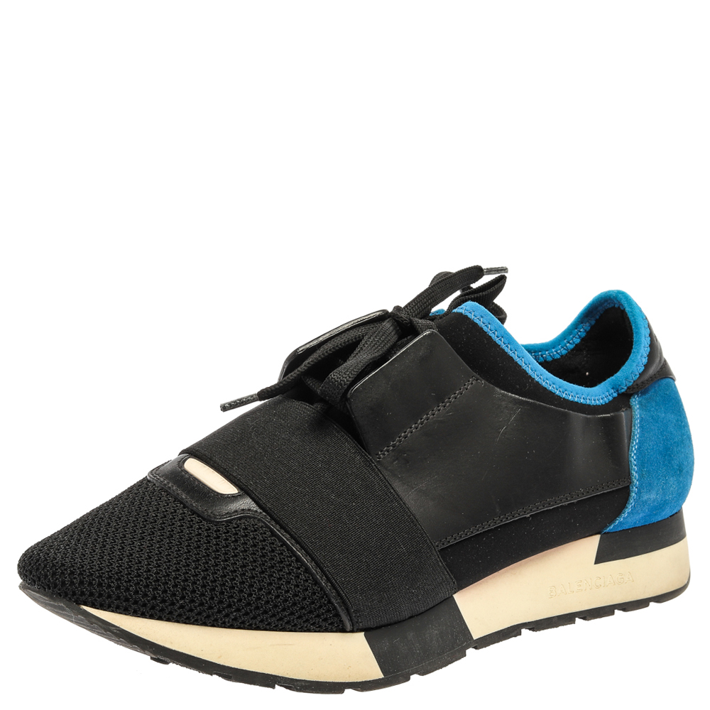 Image of Balenciaga Black/Blue Suede Leather And Mesh Race Runner Low Top Sneakers Size