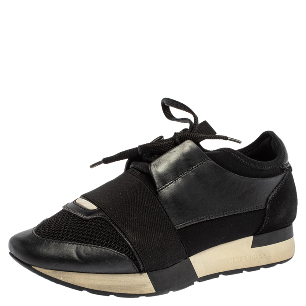 Image of Balenciaga Black Leather And Mesh Race Runner Sneakers Size