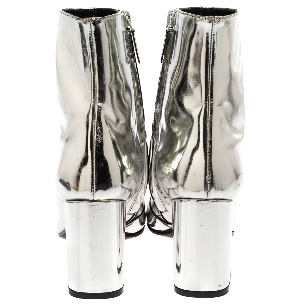 Balenciaga Metallic Silver Patent Leather Ankle Boots Size 37