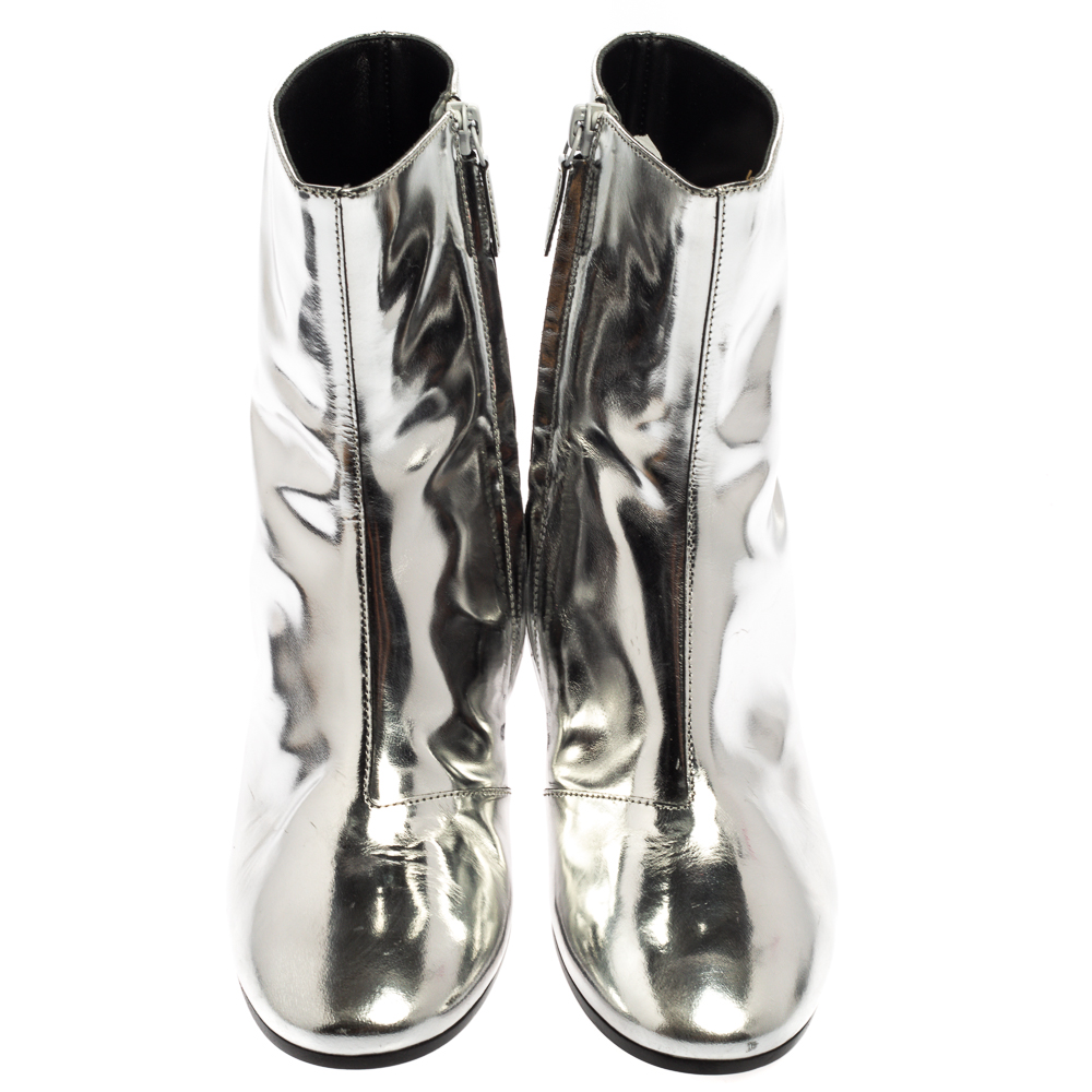 Balenciaga Metallic Silver Patent Leather Ankle Boots Size 37