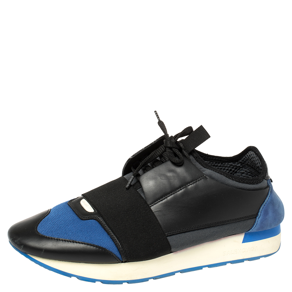 Image of Balenciaga Black/Blue Leather And Mesh Race Runners Sneakers Size
