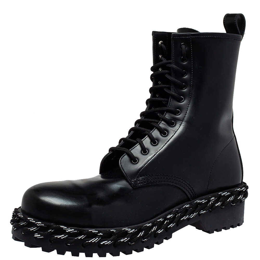 Balenciaga Black Leather Rope Stitched Combat Ankle Boots Size 41