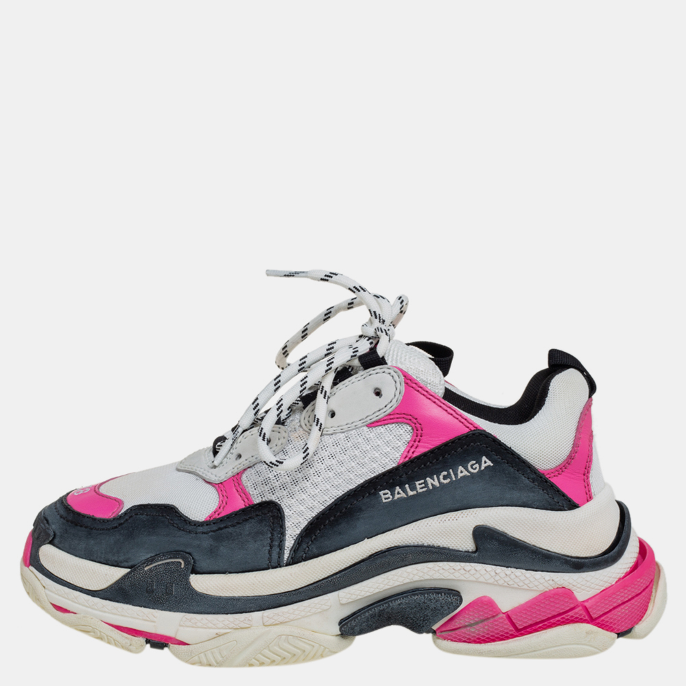 Balenciaga white/pink leather and mesh triple s platform sneakers size 38