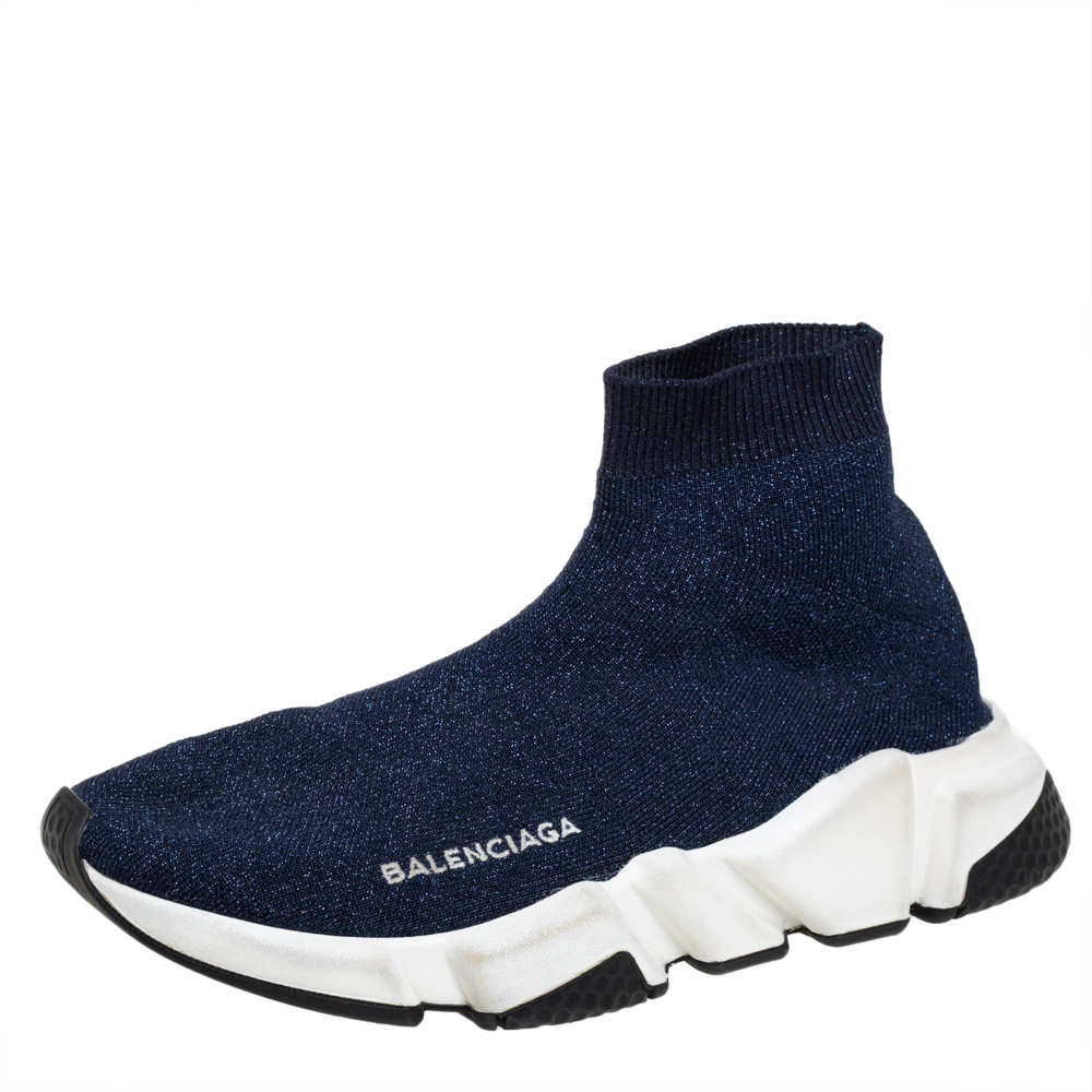 Balenciaga Blue Knit Fabric Speed Trainer Sneakers Size 37