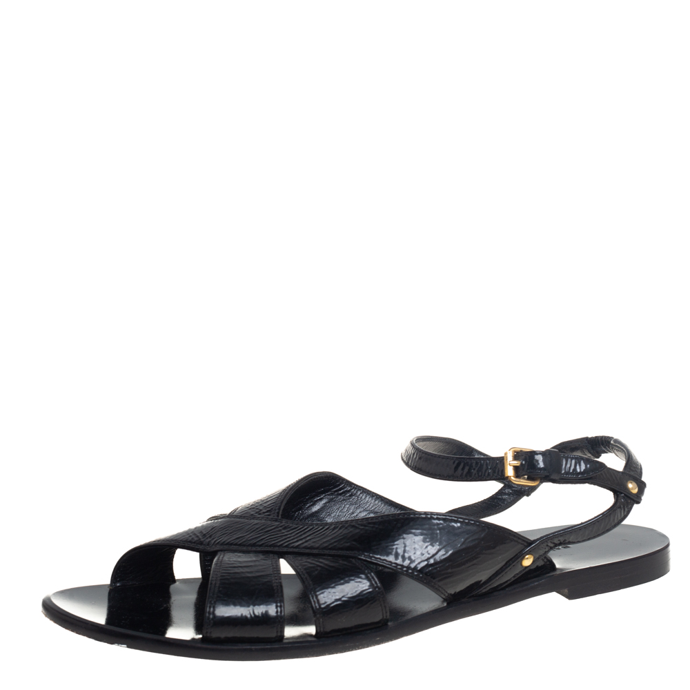 Balenciaga Black Glossy Leather Crisscross Flat Sandals Size 37