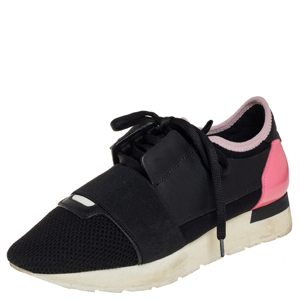Balenciaga Black/Pink Leather And Mesh Race Runner Sneakers Size 37