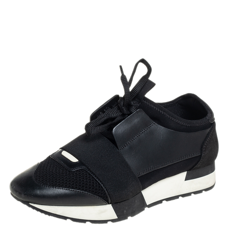 Balenciaga Black Leather, Suede, Mesh Race Runner Sneakers Size 37