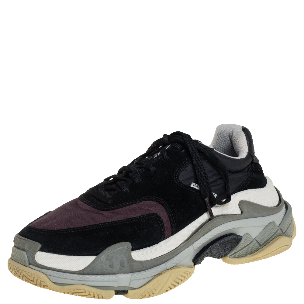 Balenciaga Black/Burgundy Suede, Leather And Fabric Triple S Low Top Sneakers Size 40
