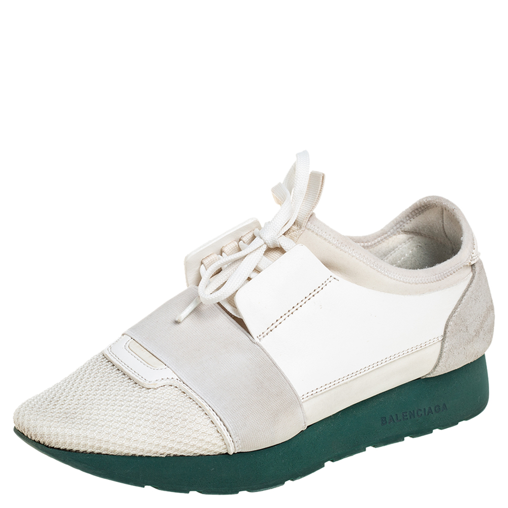 Balenciaga White Leather, Mesh Race Runner Sneakers Size 38