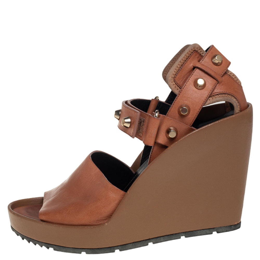 Balenciaga Brown Leather Wedge Ankle Strap Sandals Size 38.5