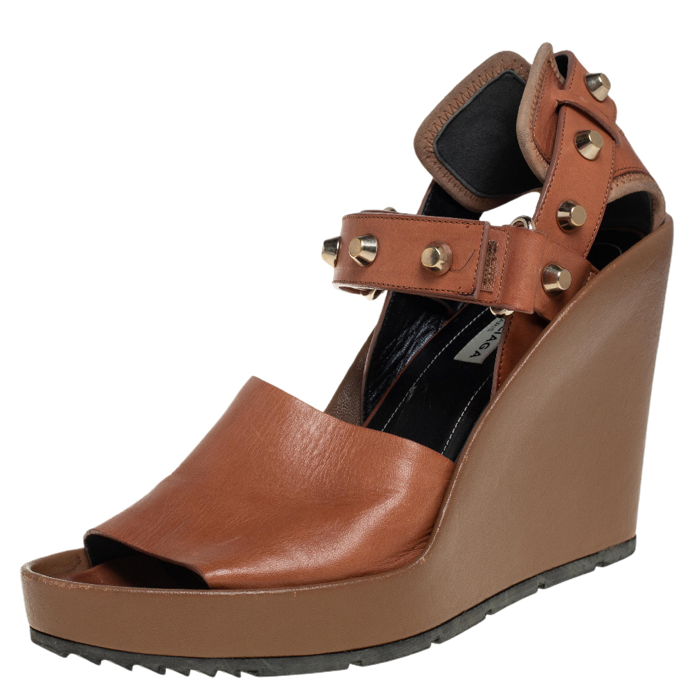 Balenciaga brown leather wedge ankle strap sandals size 38.5
