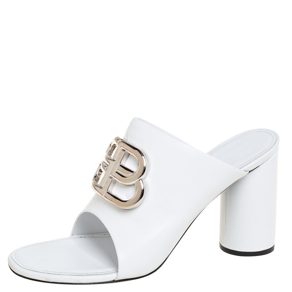 Balenciaga White Leather Oval Logo Slide Sandals Size 38