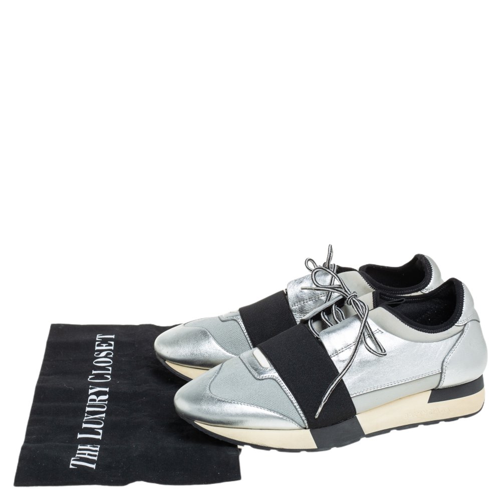 Balenciaga Silver Leather And Knit Fabric Race Runner Low Top Sneakers Size 38