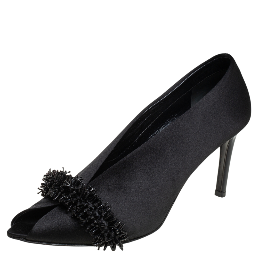 Balenciaga Black Satin And Patent Bead Embellished Peep Toe Pumps Size 37