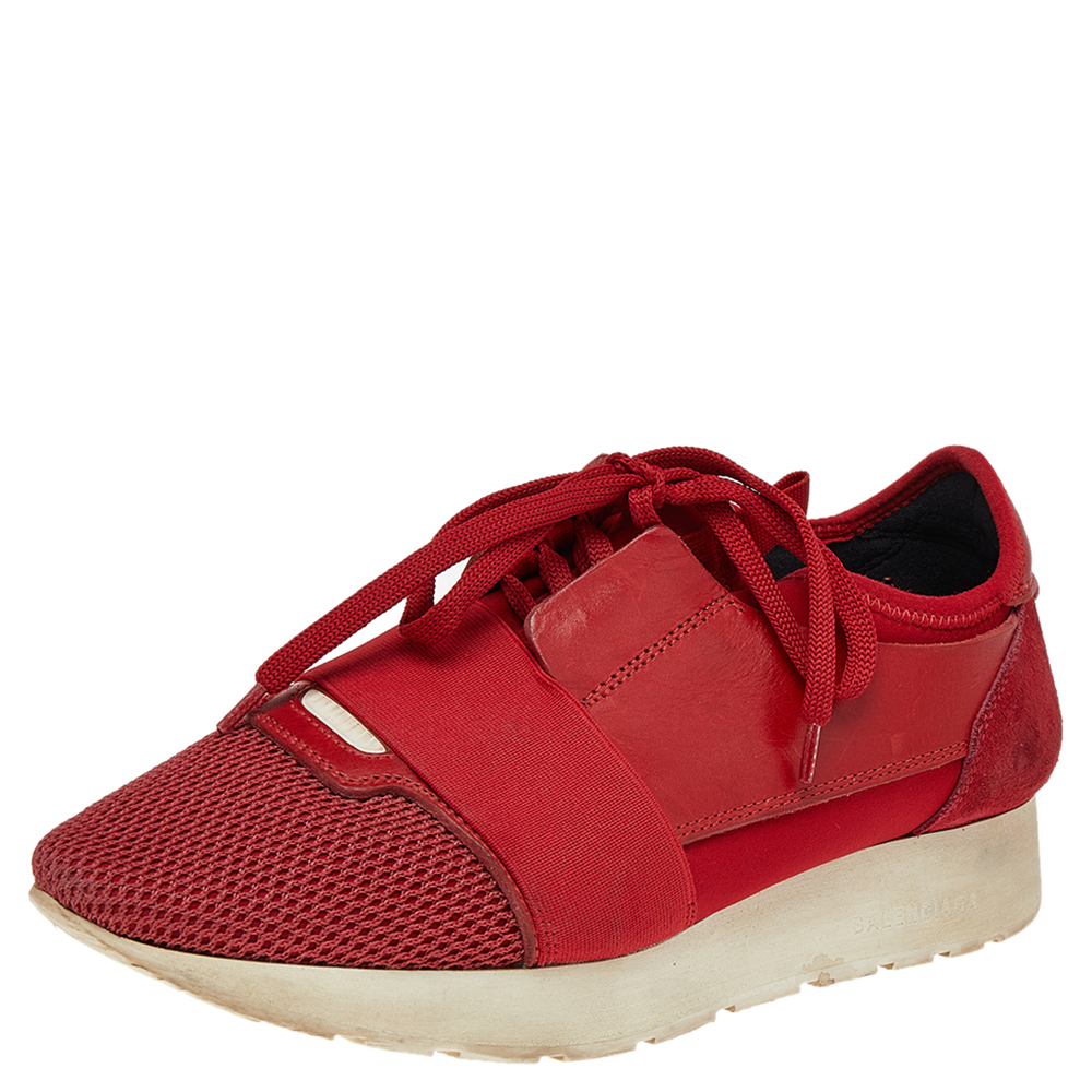 Balenciaga Red Mesh,Leather And Suede Race Runner Low Top Sneakers Size 38