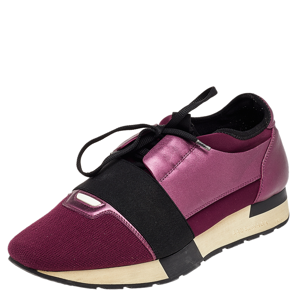 Balenciaga Burgundy/Purple Leather And Canvas Race Runner Sneakers Size 40