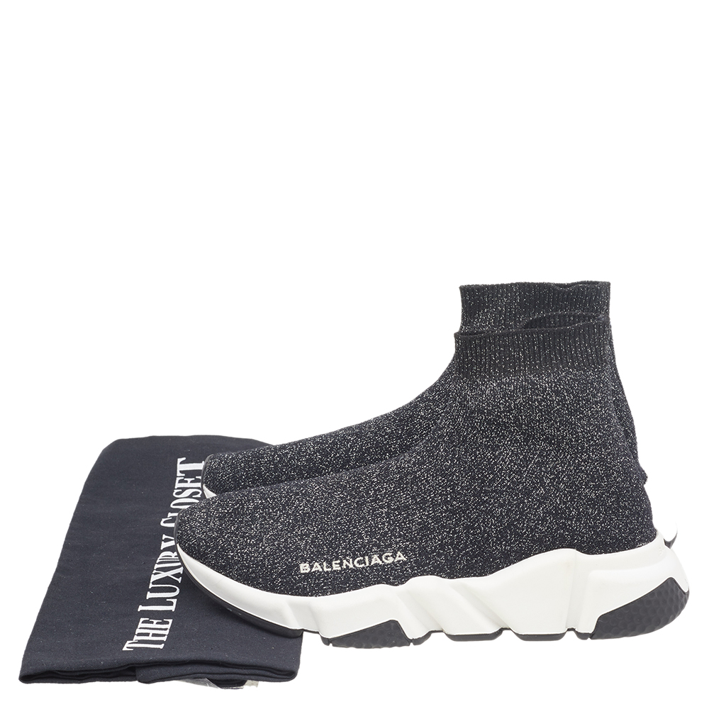 Balenciaga Black/Silver Glitter Knit Fabric Speed Trainer Sneakers Size 35