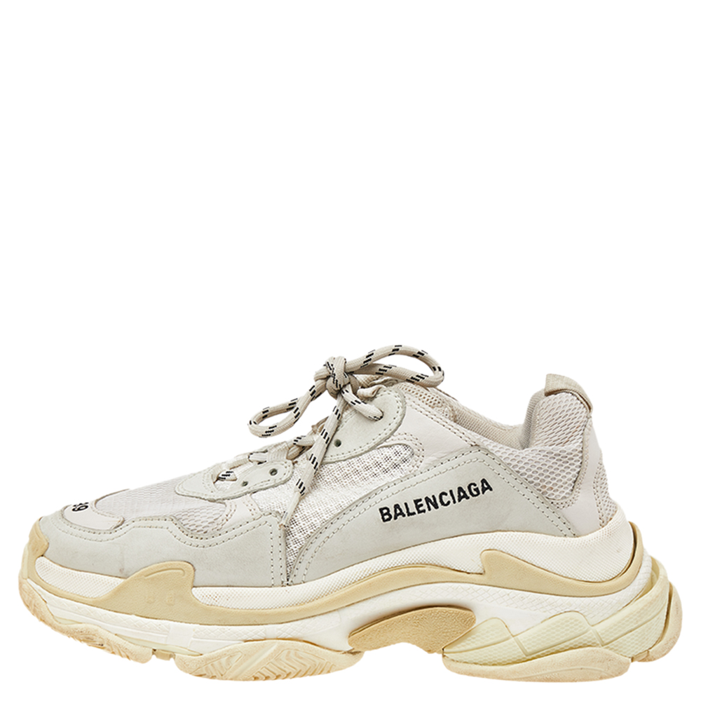 Balenciaga Grey/Beige Leather And Mesh Triple S Sneakers Size 39