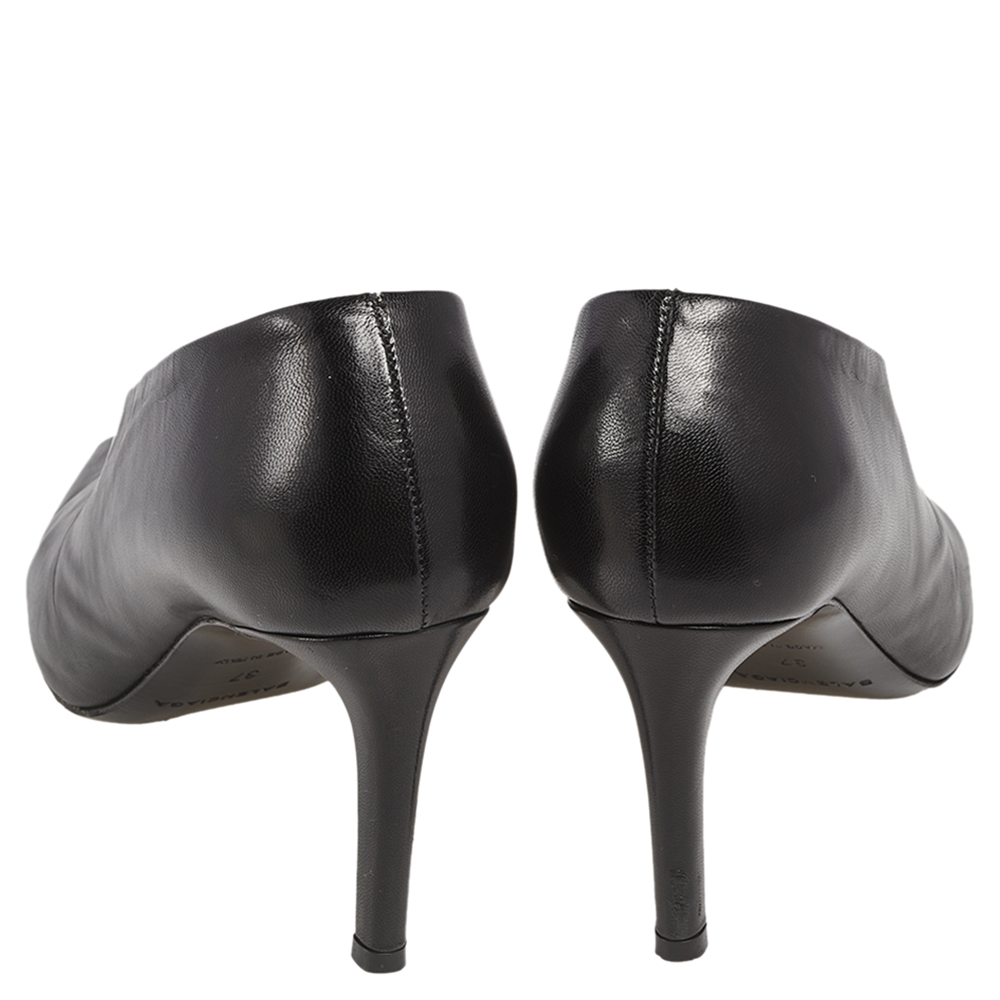 Balenciaga Black Leather V-Neck Open Toe Pumps Size 37