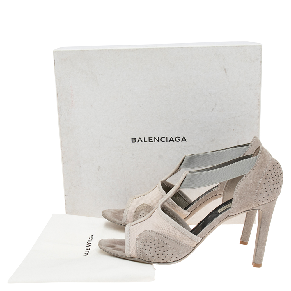 Balenciaga Light Grey Perforated Suede, Satin Trimmed And Mesh T-Bar Sandals Size 39