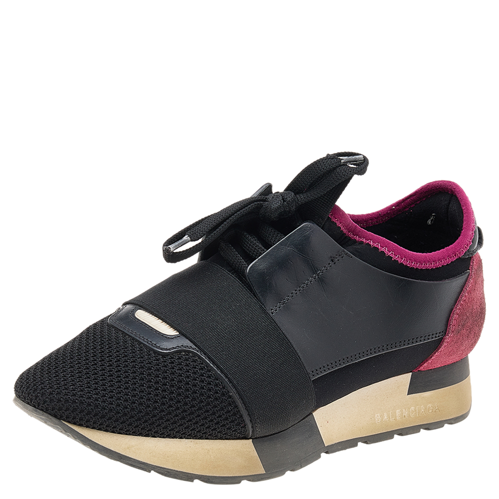 Balenciaga black/fuchsia leather and mesh race runner sneakers size 37