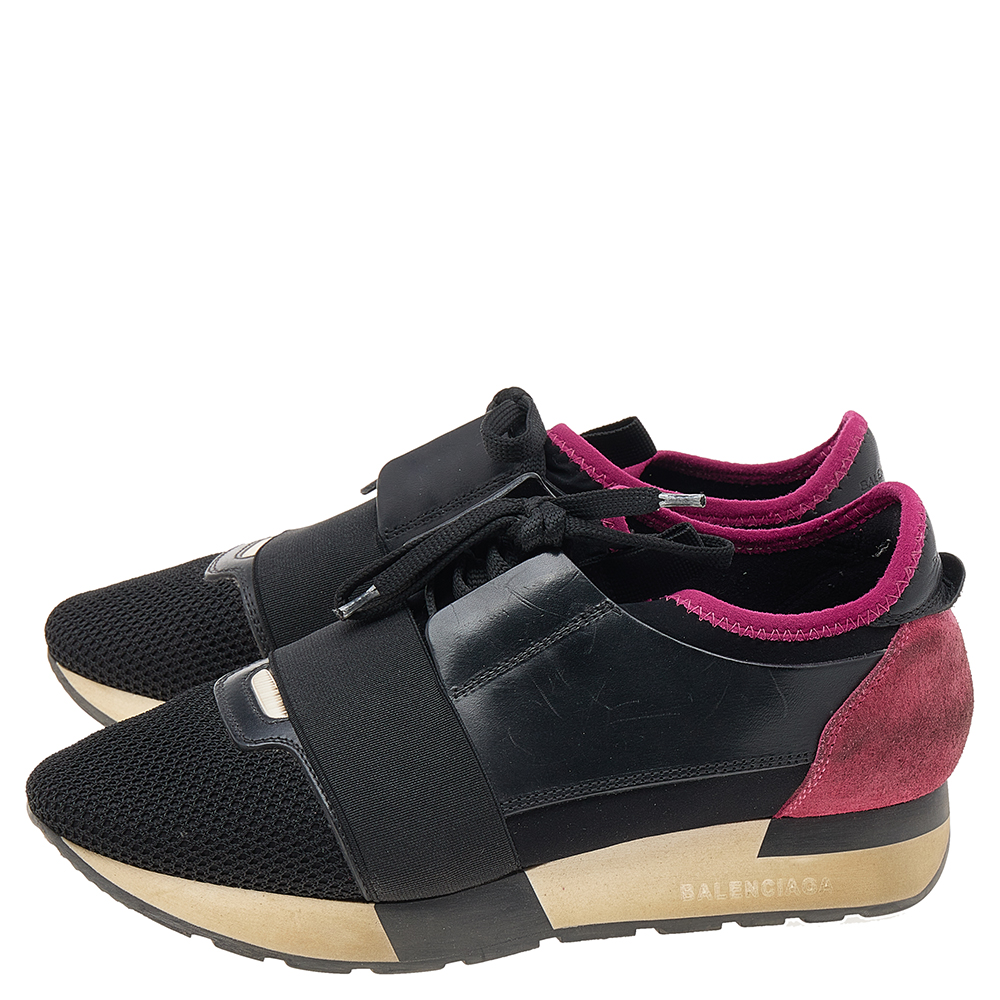 Balenciaga Black/Fuchsia Leather And Mesh Race Runner Sneakers Size 37