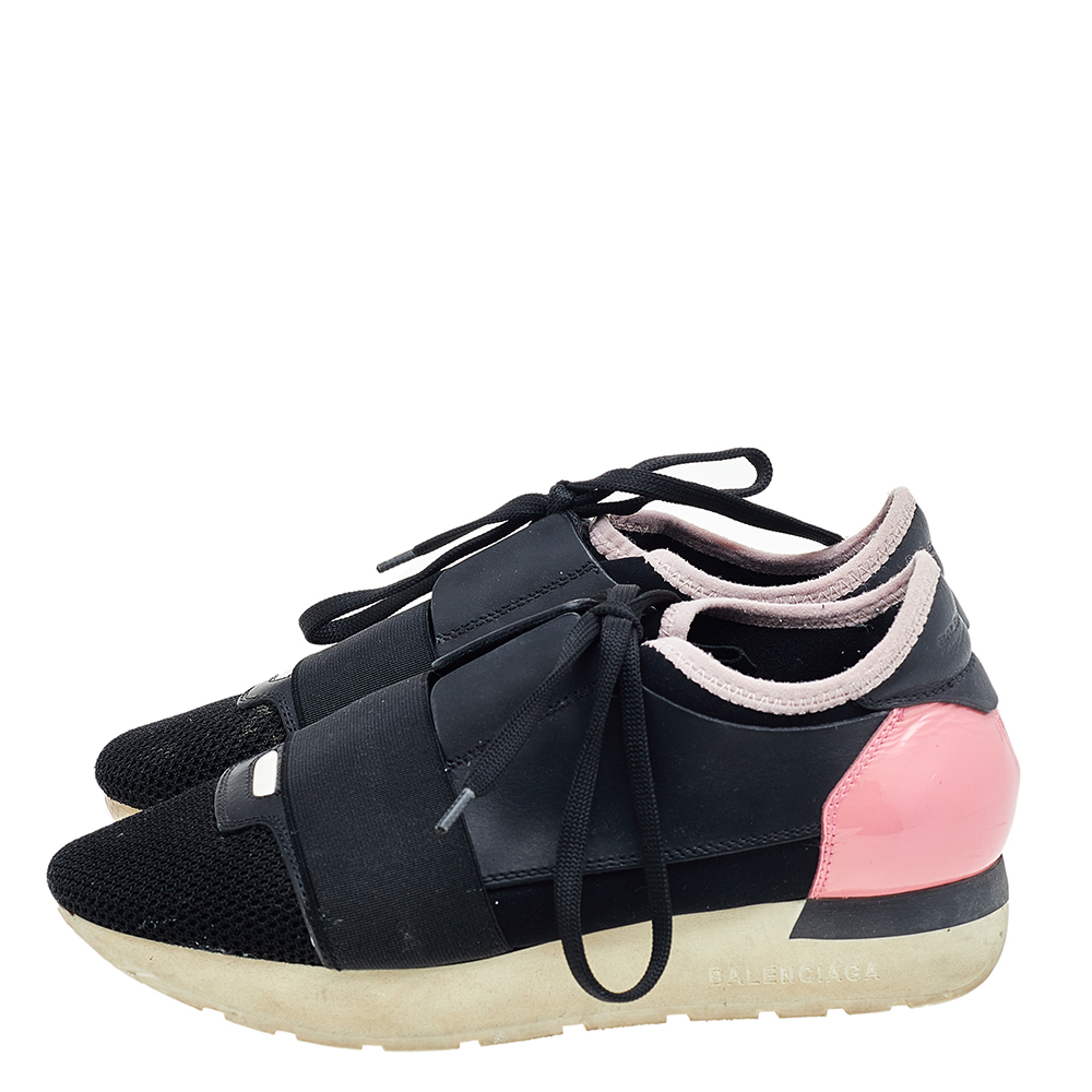 Balenciaga Black/Pink Leather And Mesh Race Runner Sneakers Size 35