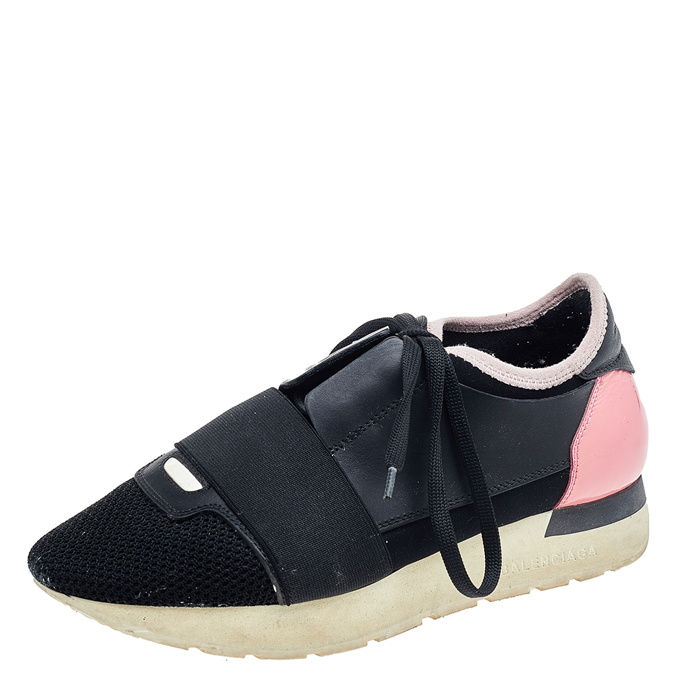 Balenciaga black/pink leather and mesh race runner sneakers size 35