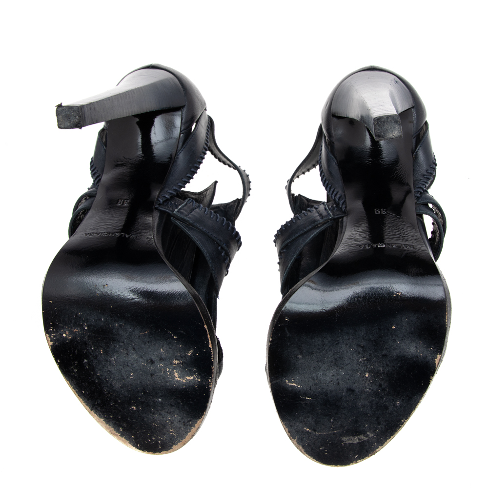 Balenciaga Navy Blue Leather Gladiator Sandals Size 39