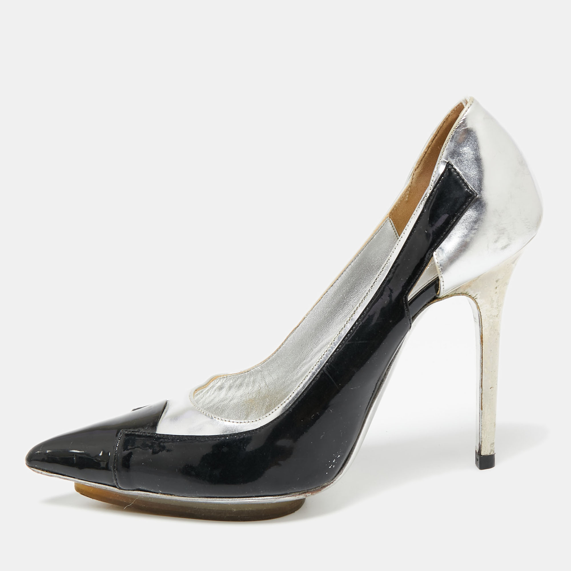 Balenciaga Silver/Black Patent And Leather Pointed Toe Pumps Size 38.5