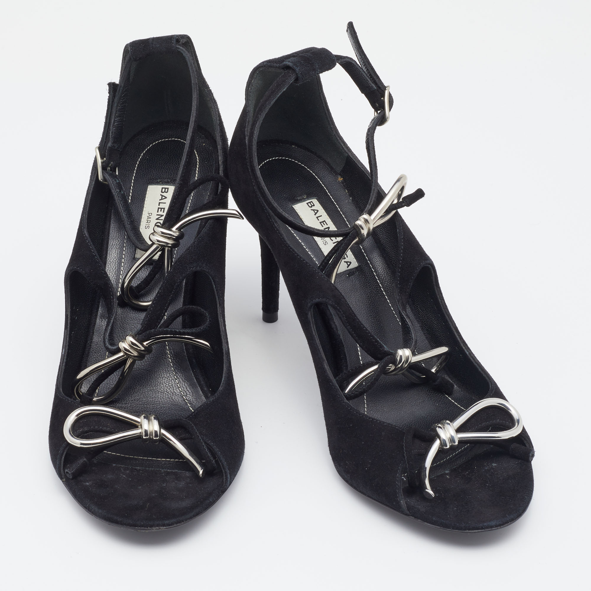 Balenciaga Black Suede Boucle Bow Ankle Strap Sandals Size 37