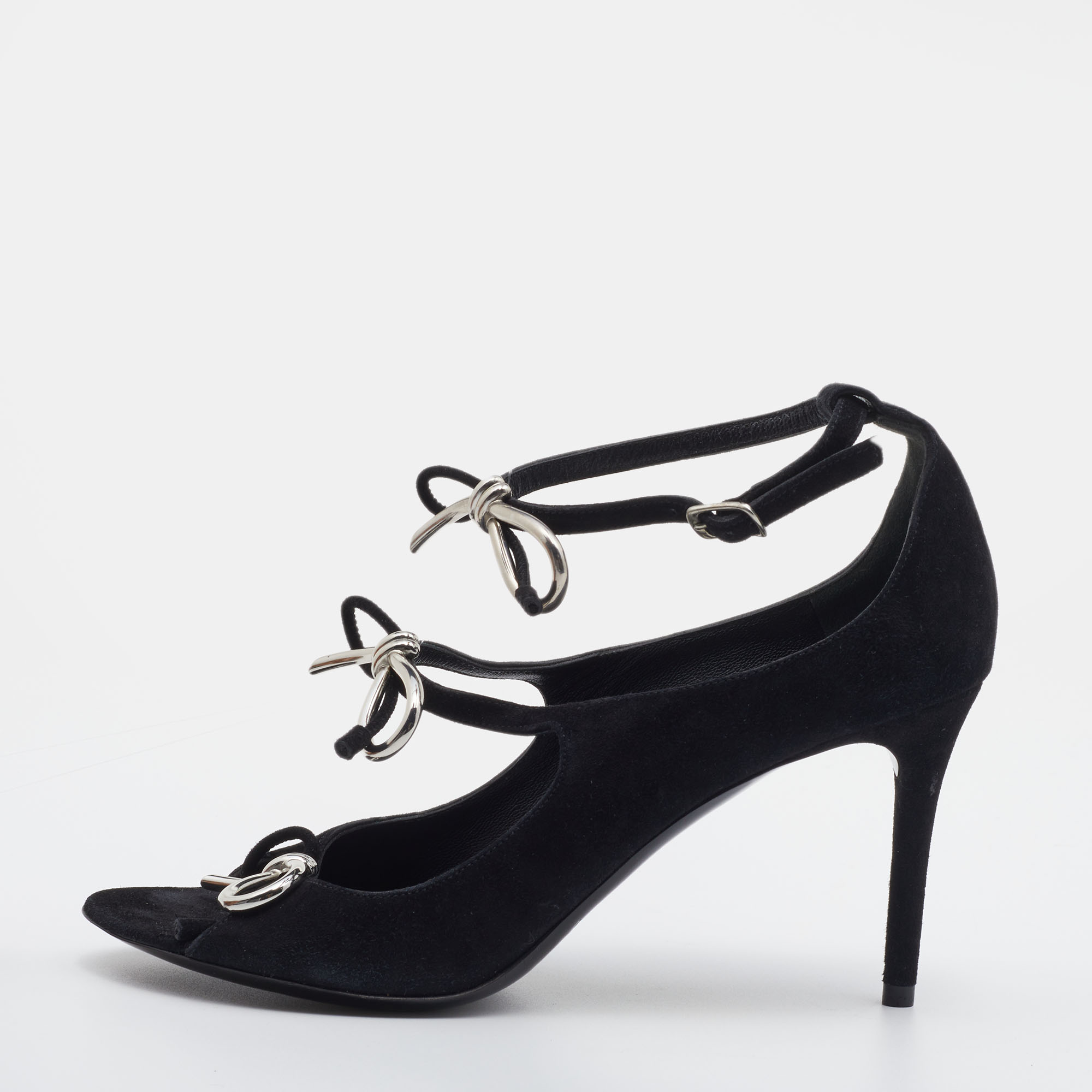 Balenciaga black suede boucle bow ankle strap sandals size 37
