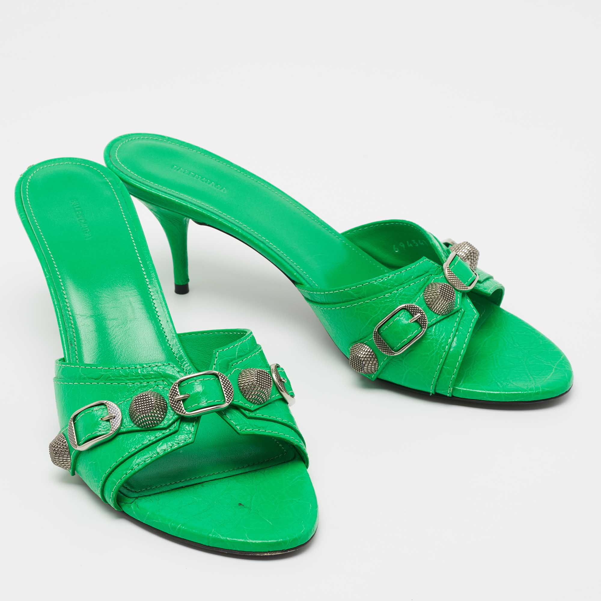 Balenciaga Neon Green Leather Cagole Slide Sandals Size 39