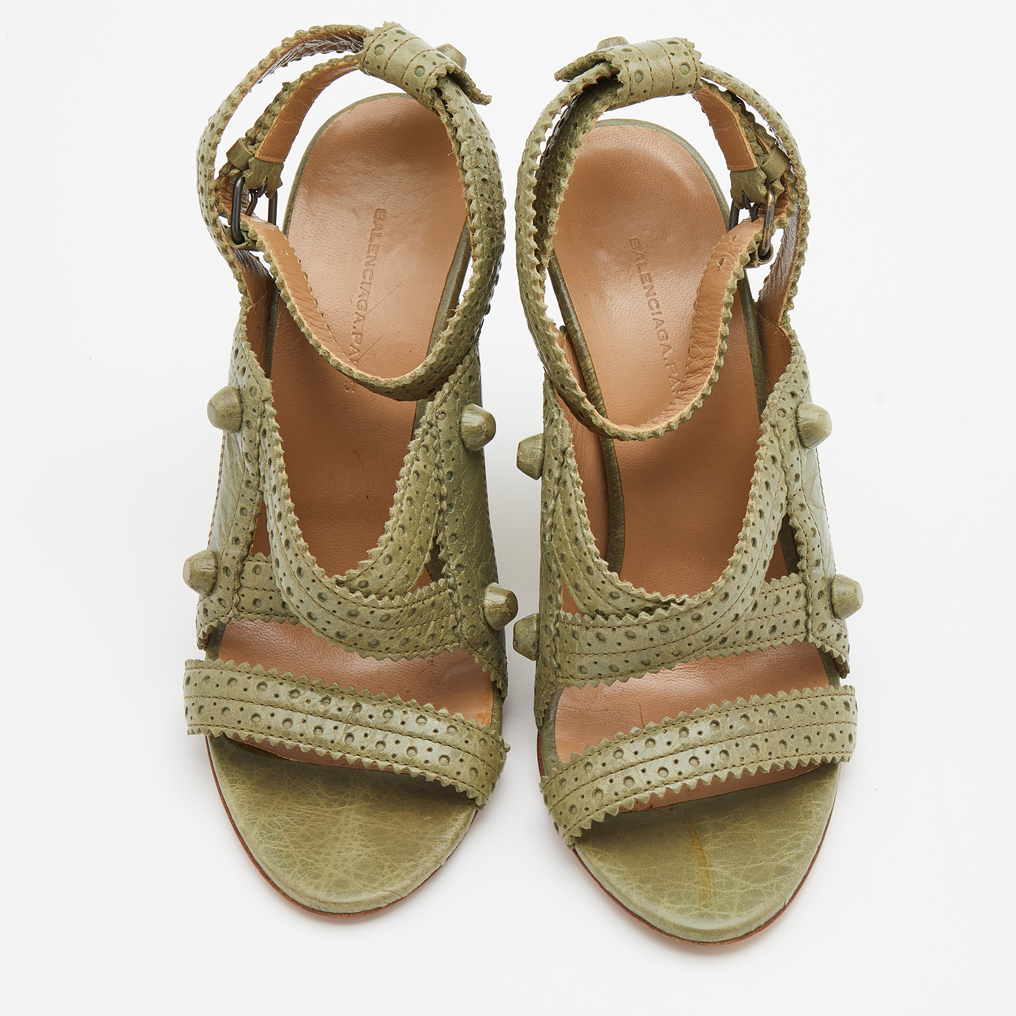 Balenciaga Green Brogue Leather Strappy Wedge Sandals Size 36