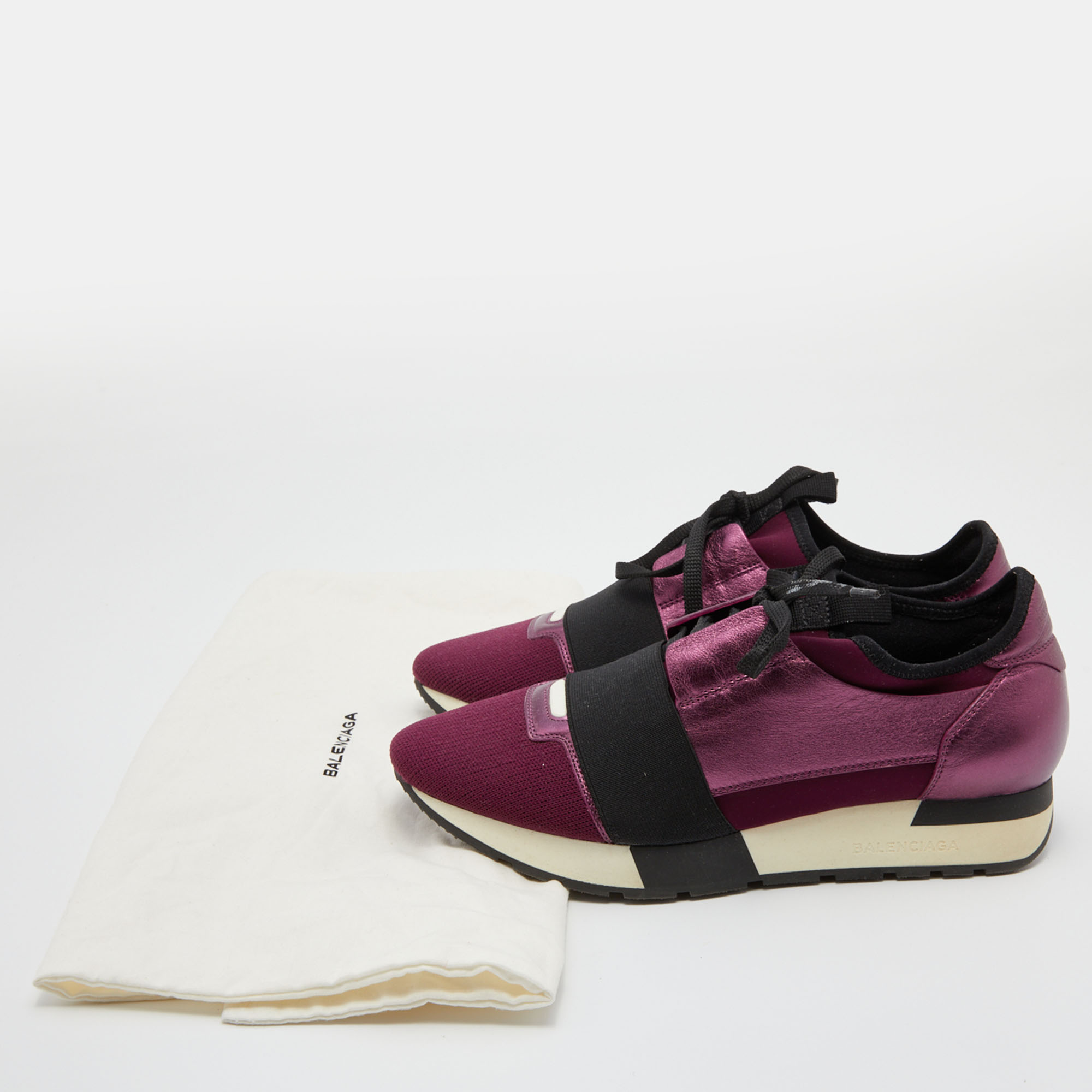 Balenciaga Plum/Black Leather And Stretch Fabric Race Runner Sneakers Size 38