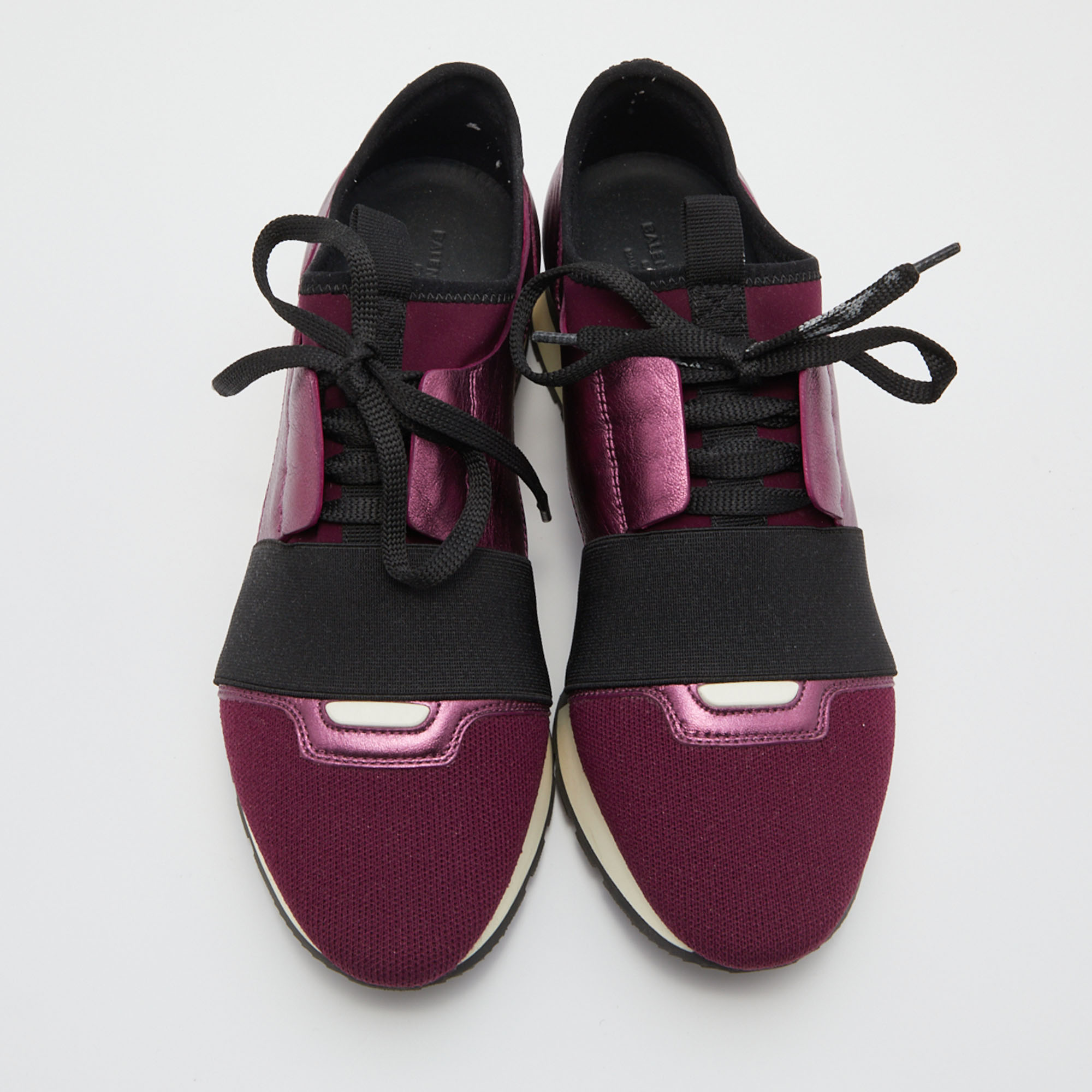 Balenciaga Plum/Black Leather And Stretch Fabric Race Runner Sneakers Size 38