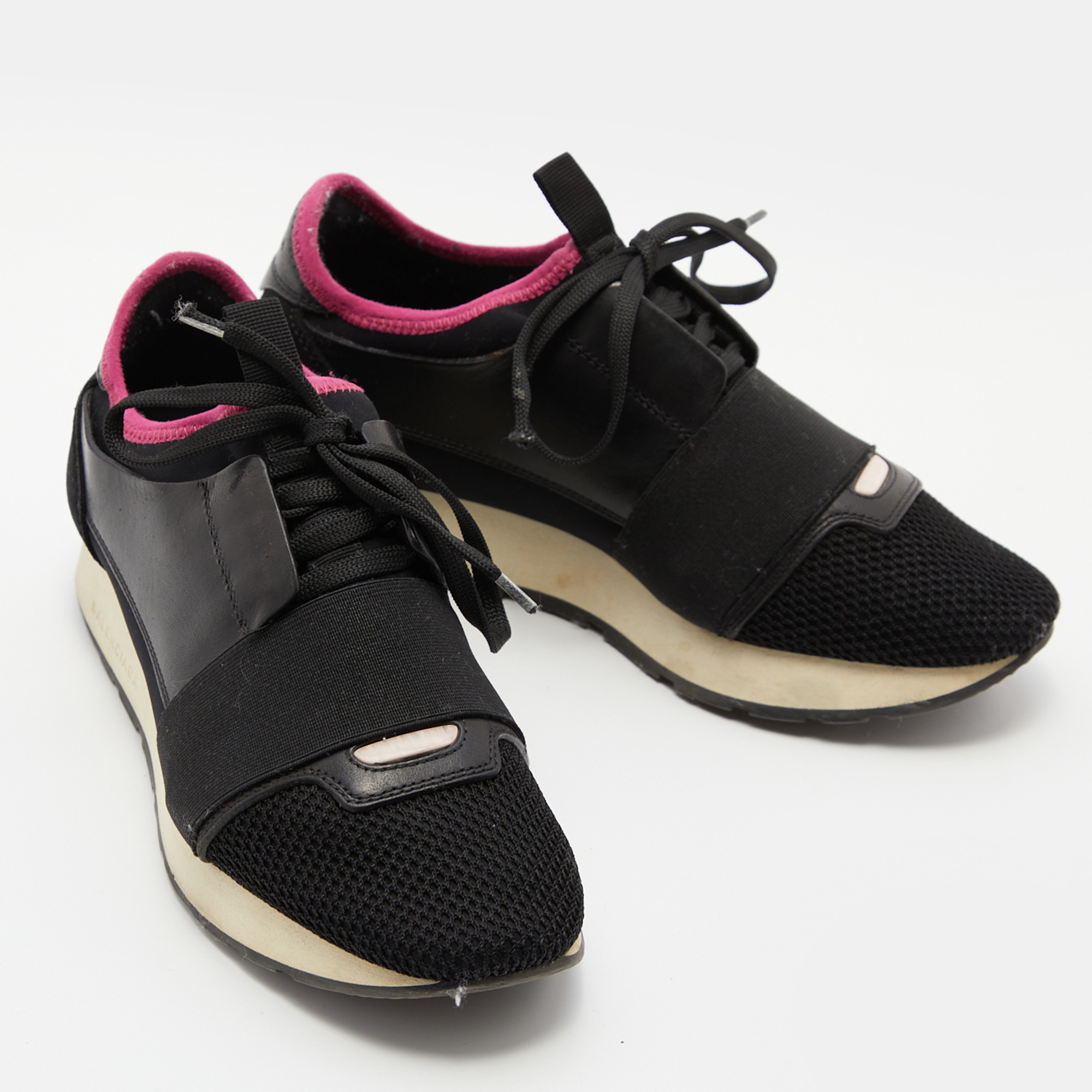Balenciaga Black/Pink Leather And Mesh Race Runner Low Top Sneakers Size 37