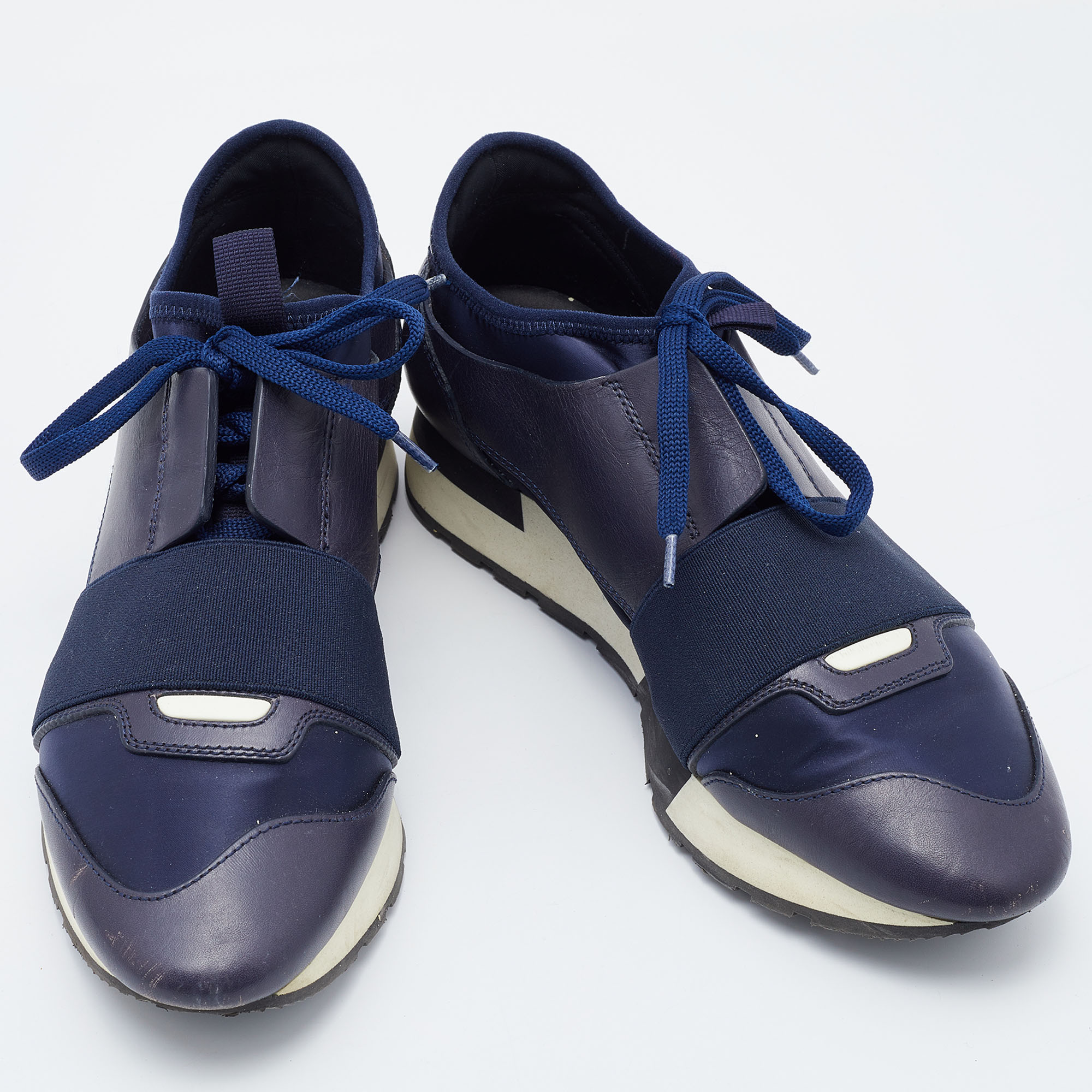 Balenciaga Blue Leather And Satin Race Runner Sneakers Size 37