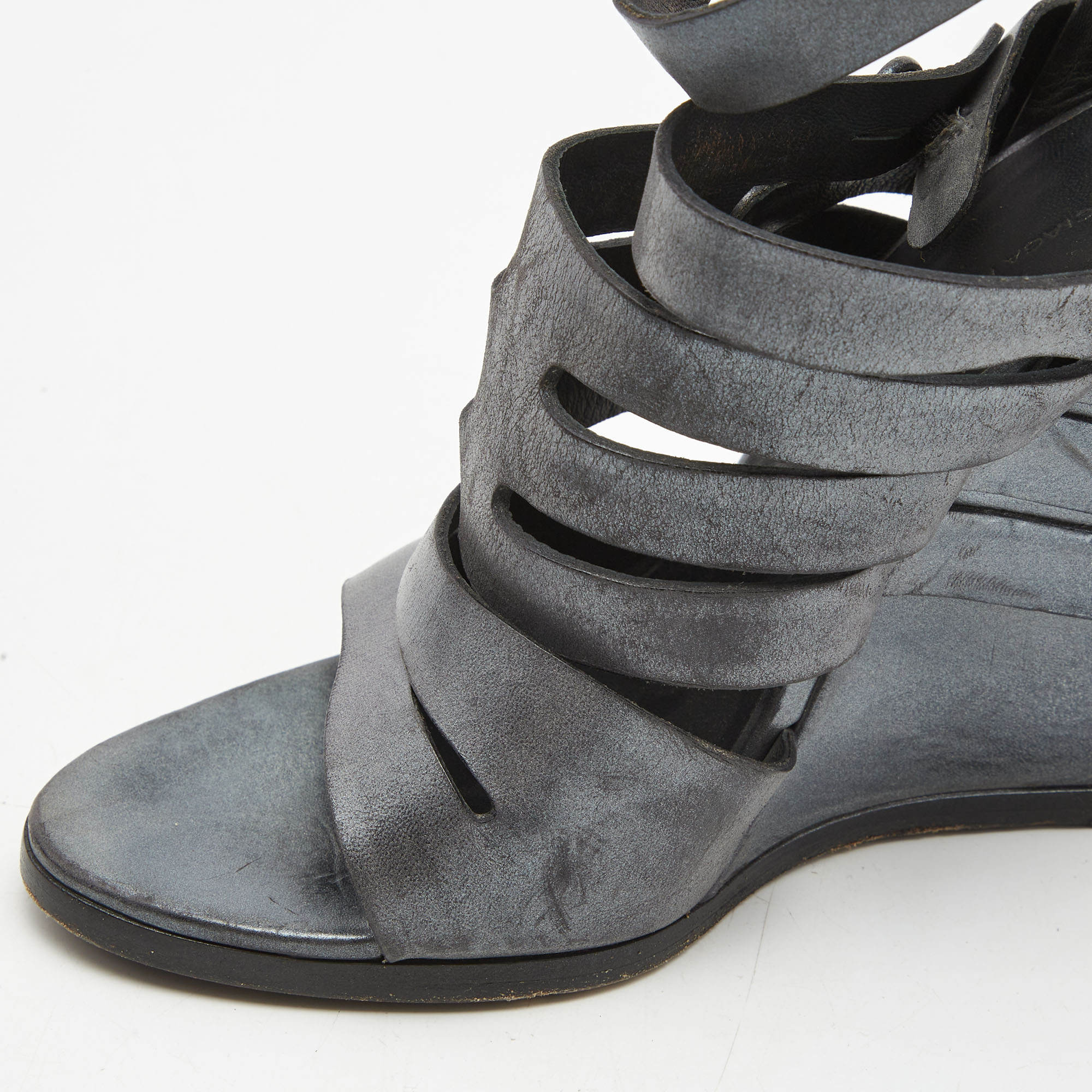 Balenciaga Grey Leather Wedge Ankle Strap Sandals Size 40