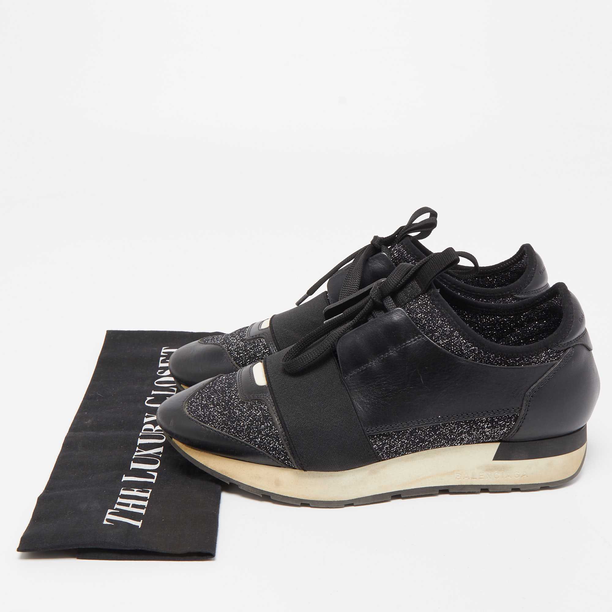 Balenciaga Black Leather And Metallic Fabric Race Runner Sneakers Size 37