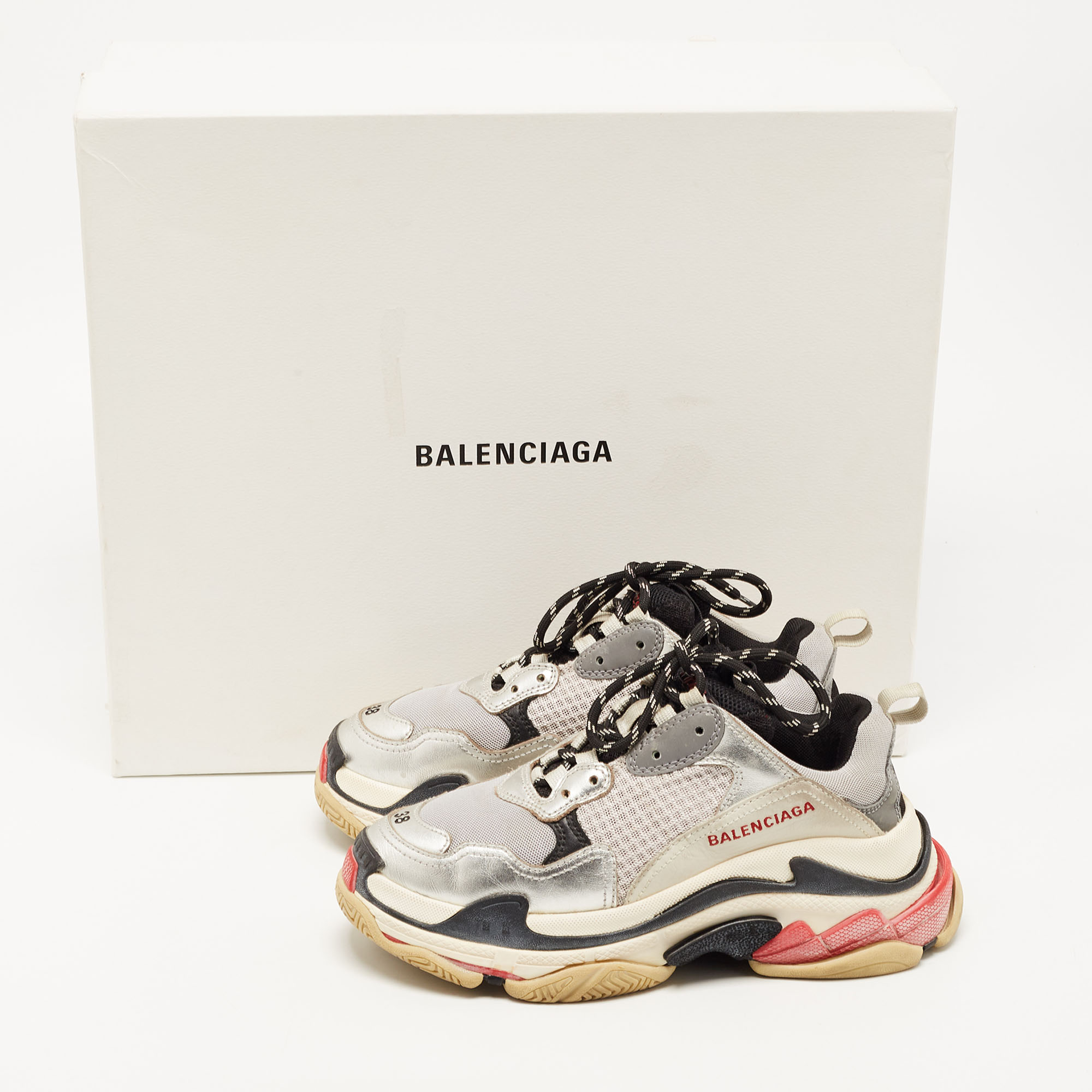 Balenciaga Silver/Grey Leather And Mesh Triple S Sneakers Size 38